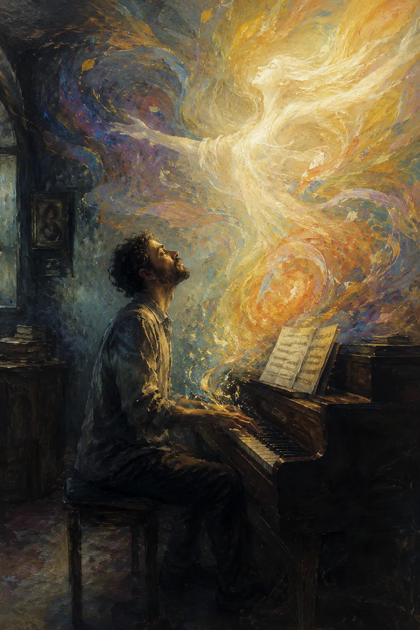 Música y encuentro: una persona toca un piano de madera mientras de las teclas se eleva una figura de luz.