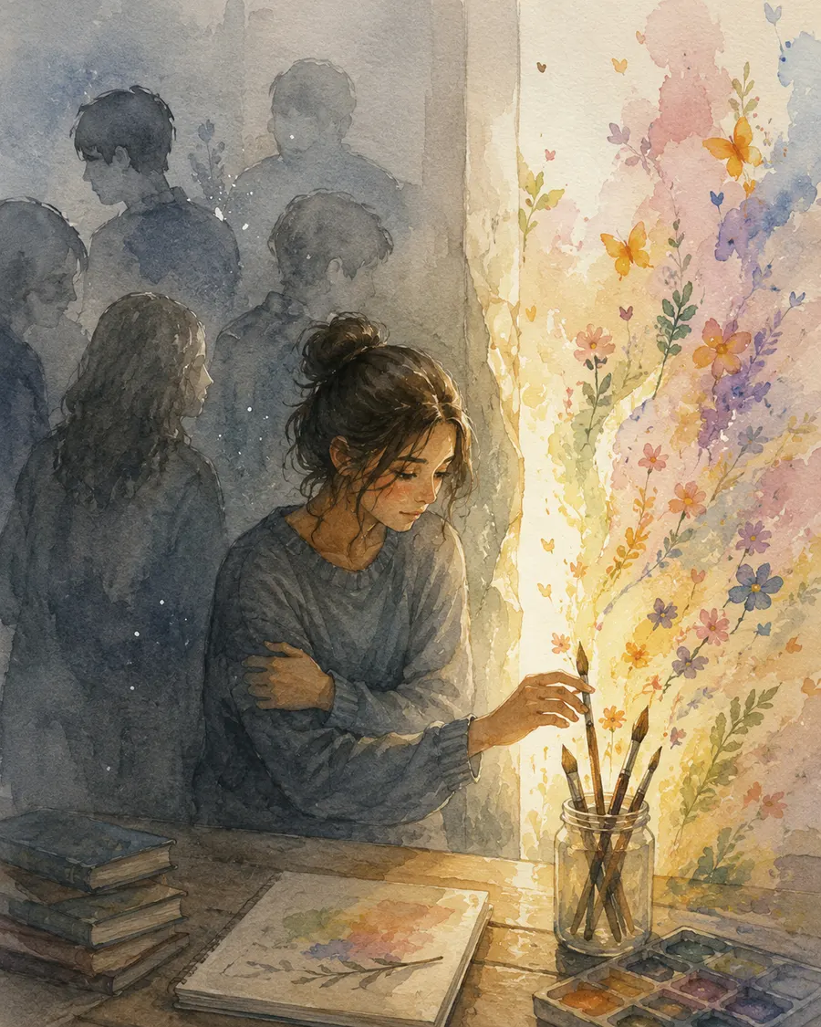 Pintura en terapia: una persona pinta acuarelas en una mesa de madera mientras a su alrededor se abre un estallido de luz con mariposas y flores.