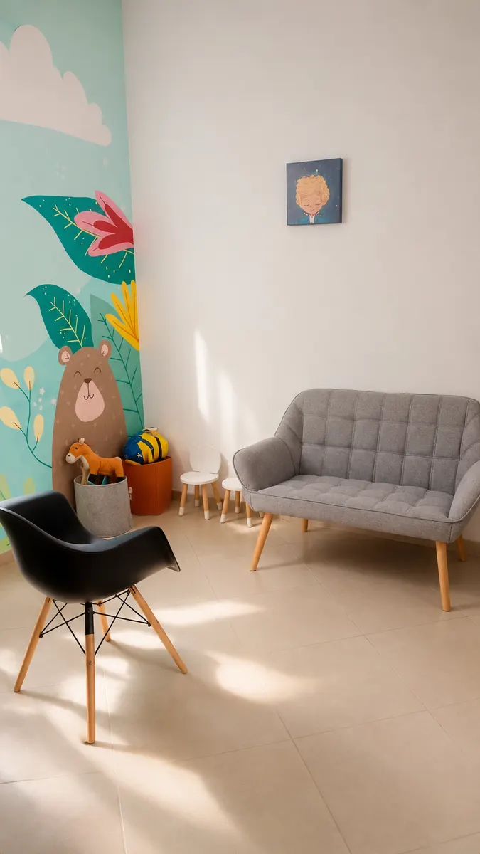Espacio de terapia para niños y niñas: mural con un oso, flores y nubes, sillitas blancas, un peluche y una pelota.